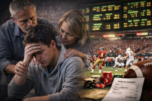 Young person distressed while parents console him, blended with sportsbook odds board and football scene